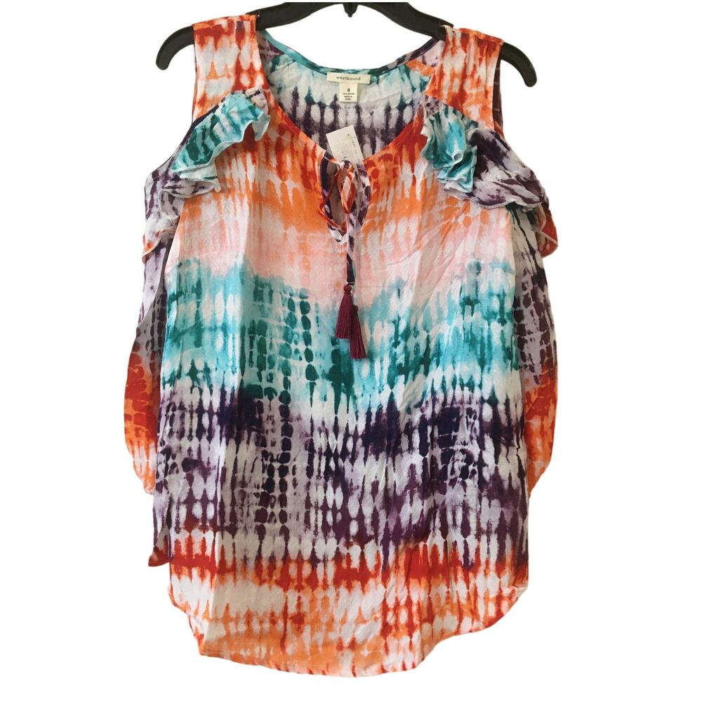 NWT Westbound Small Women’s Peekaboo Shoulder 3/4 Sleeve Ruffled Tie Dye Top